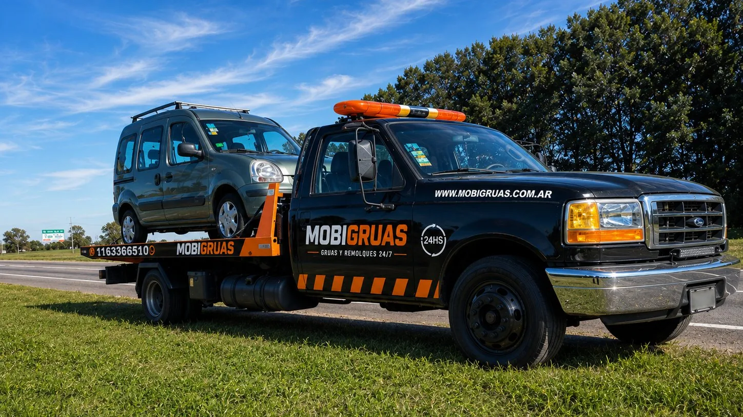 Grúa MOBIGRUAS trasladando un vehículo en CABA